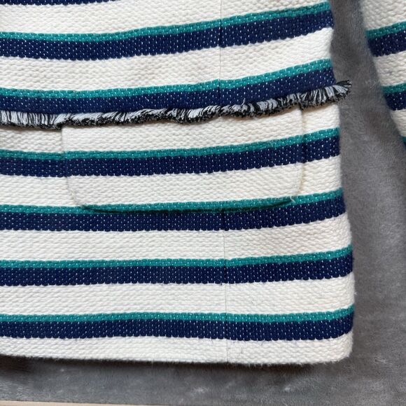 Talbots Striped Fringe Jacket Women’s 14 White Teal Blue Cotton Office Chic - Picture 13 of 14